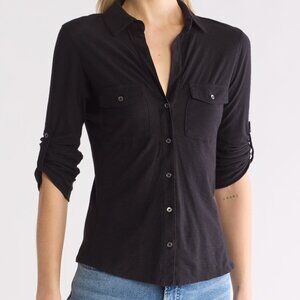 James Perse x Nordstrom Blk S 3/4 sleeve button down collared cotton tee pockets